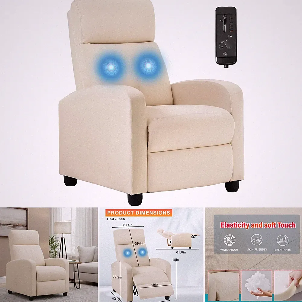 2 Point Massage Recliner Chair Textile Beige Lumbar Support Living Room Home