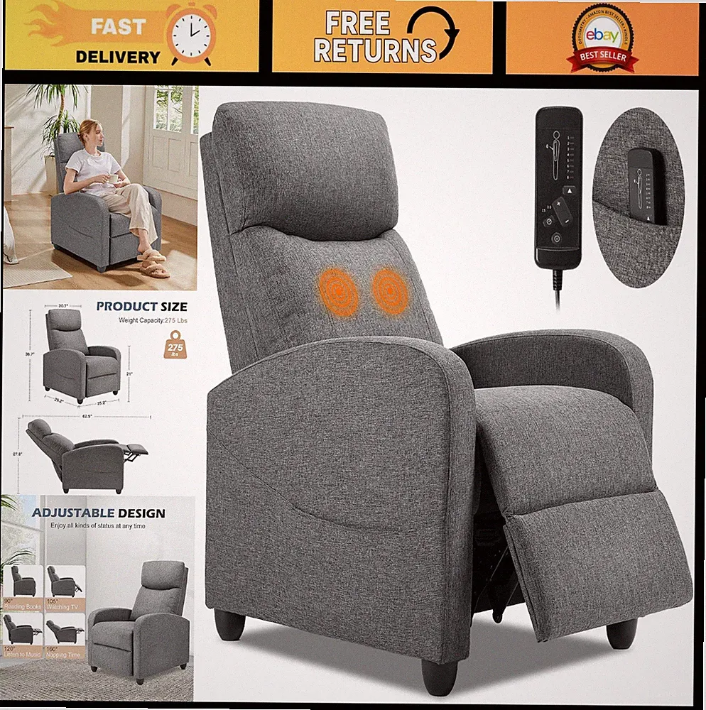 Adjustable Massage Recliner Chair for Adults, Lumbar Support, Modern Grey Fabric