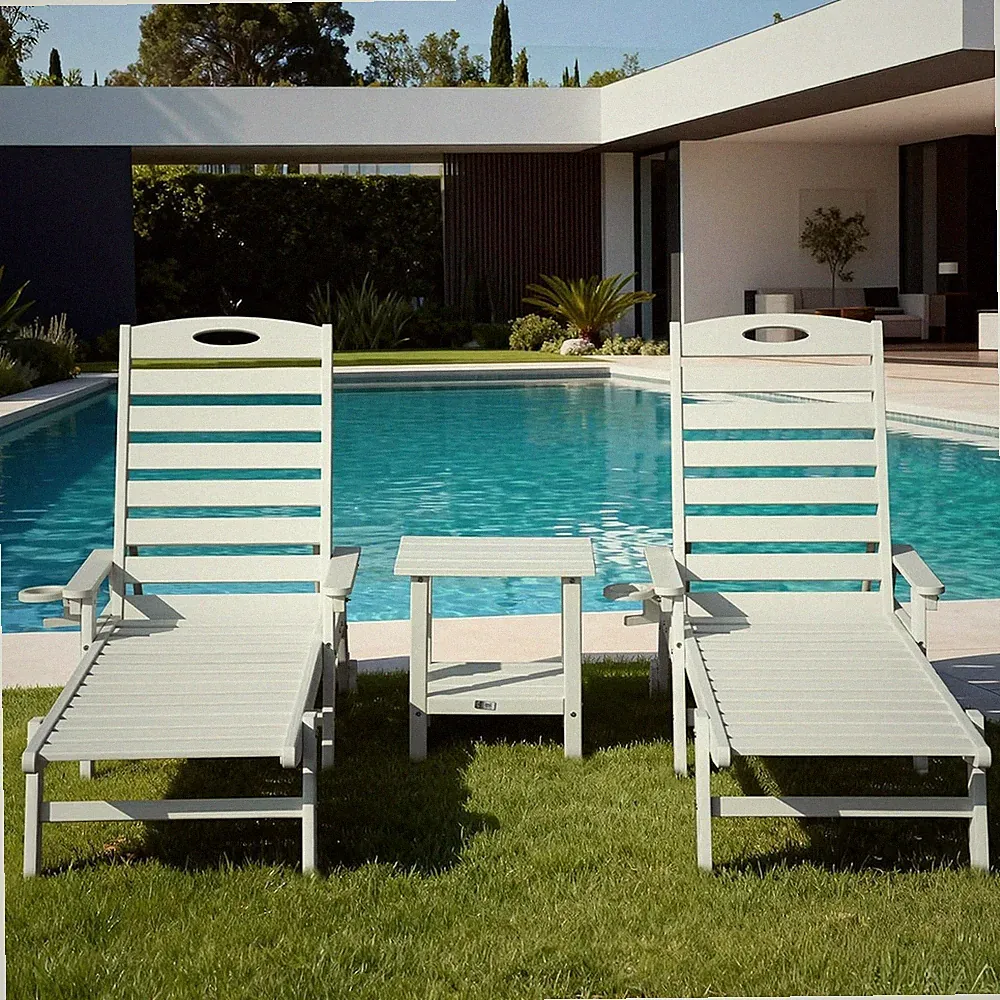 Domi Outdoor 2pcs HDPE Chaise Lounge w/Table&Reclining Backrest for Patio,White