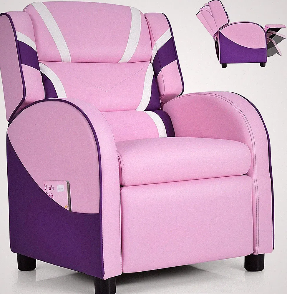 Kids Recliner, Gaming Recliner Chair W/Footrest, Headrest, Lumbar Support & Side