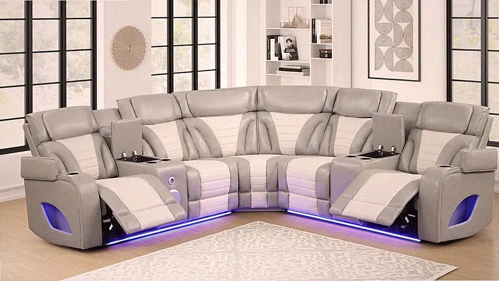 NEW 101" Wide LED Power Recliner Modern Sectional Gray Bluetooth Speaker & USB
