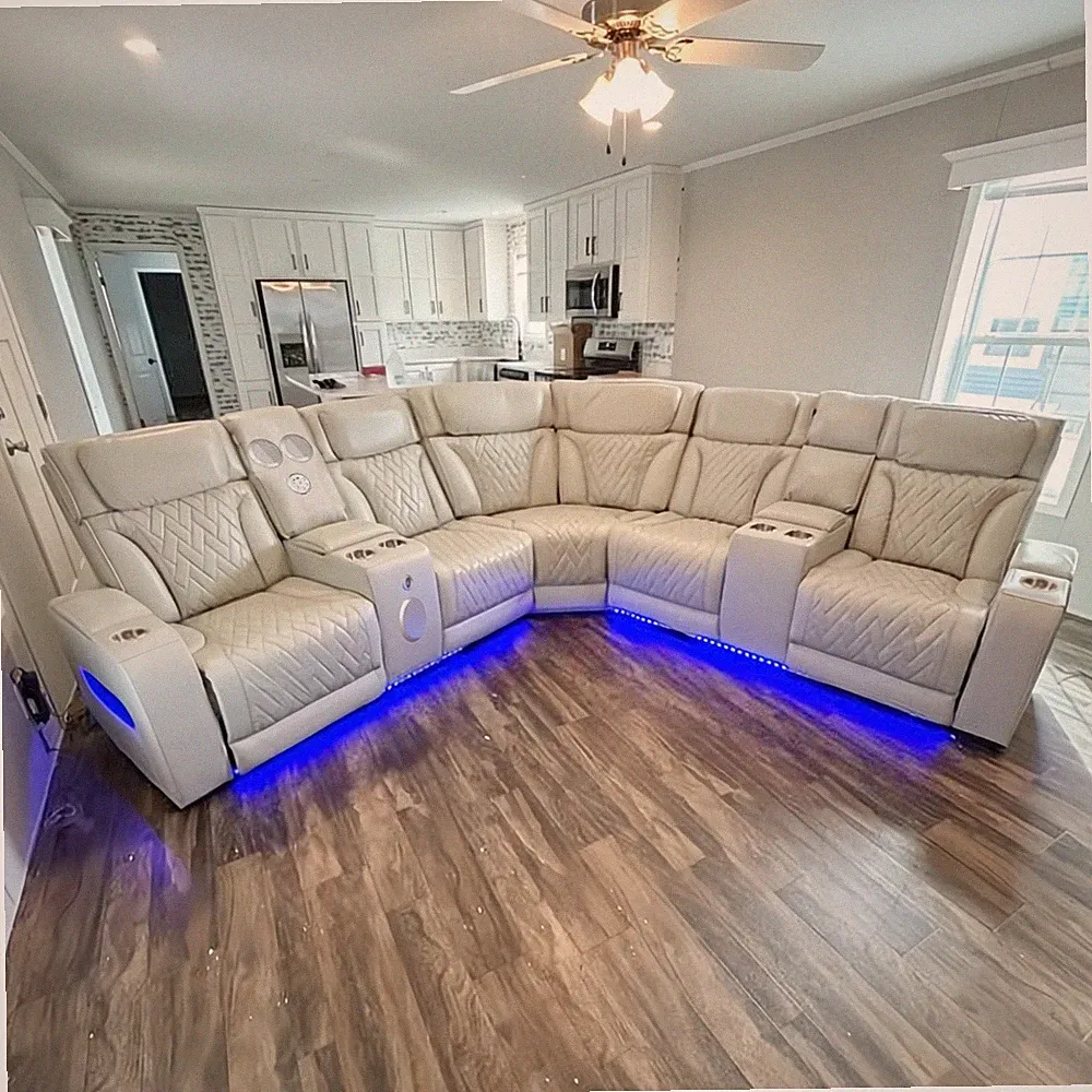 NEW 115" Wide LED Power Recliner Adj Headrest Modern Sectional Beige BT Speaker