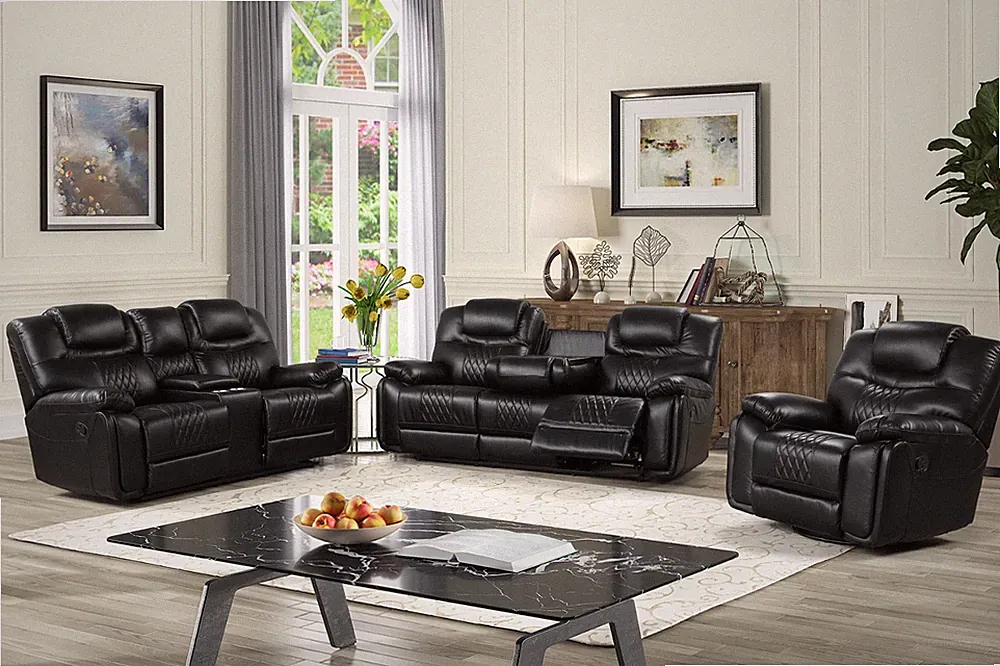 OVERSIZED 3PC Sofa Loveseat Chair Black Leather Rustic Living Room Recliner Set