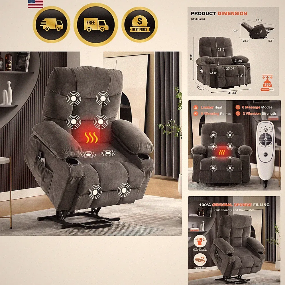 Power Lift Recliner Chair for Elderly with Vibration Massage Lumbar Heating