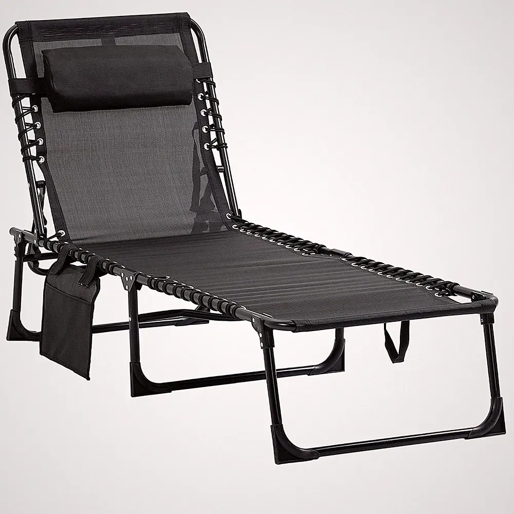 Reclining Chaise Sun Lounge Chair Recliner 5-Position Folding Camping Cot Black